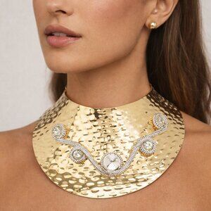 Luxury Gold Hammered Bib Necklace with Crystal Wave Detail